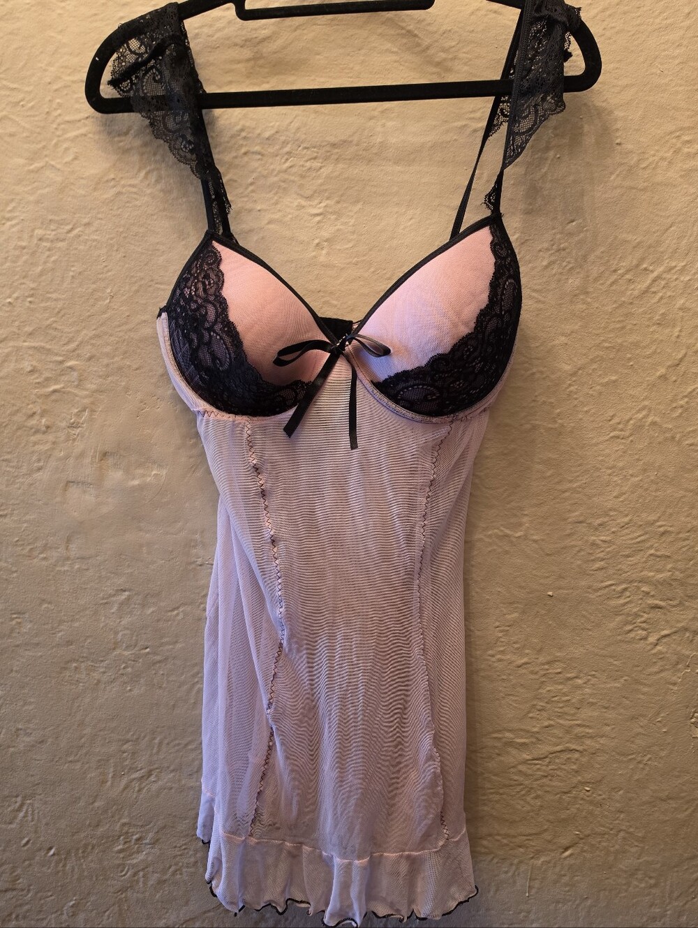 Andrea Kristoff Escante Pink Black Lace Babydoll Slip Chemise 38